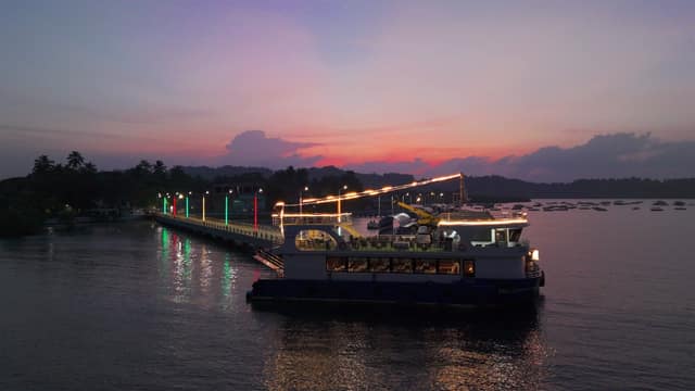 Semi-submarine vessel on the water at dusk near North Bay